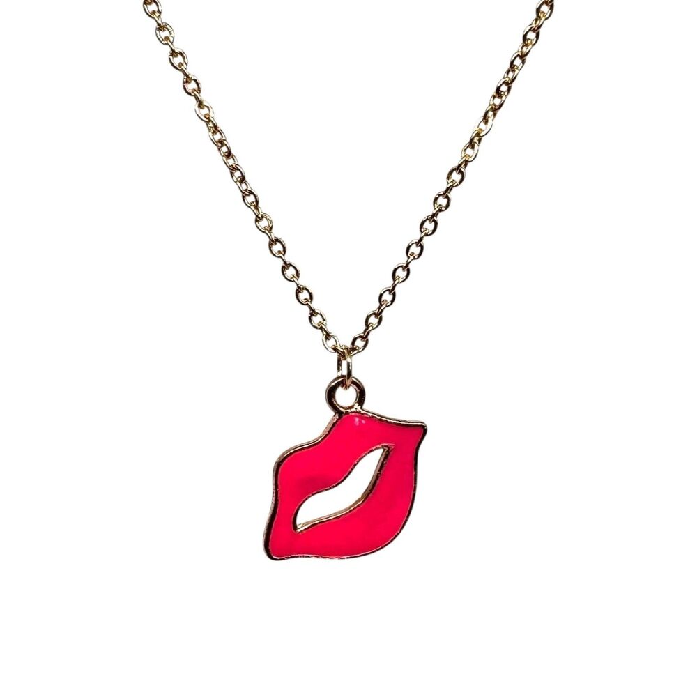 Indio Jewelry Gold Plated Enamel Hot Pink Lips Necklace Item #7042